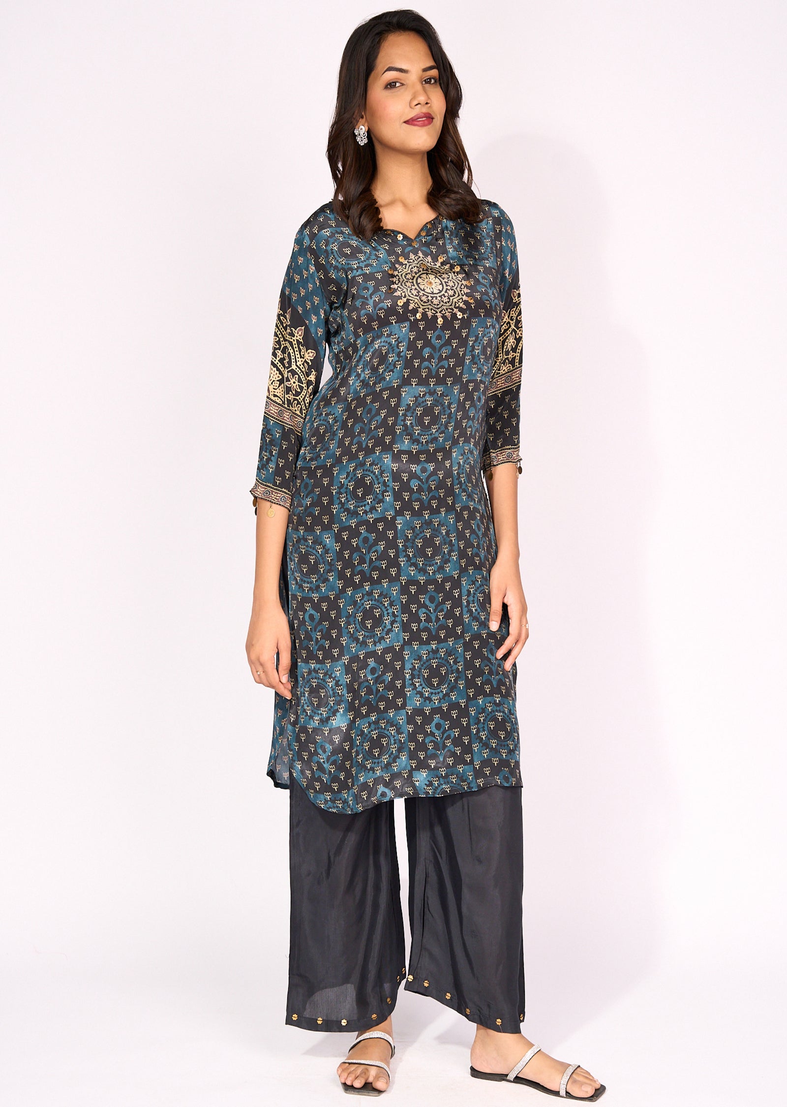 Teal Blue Crepe straight cut set