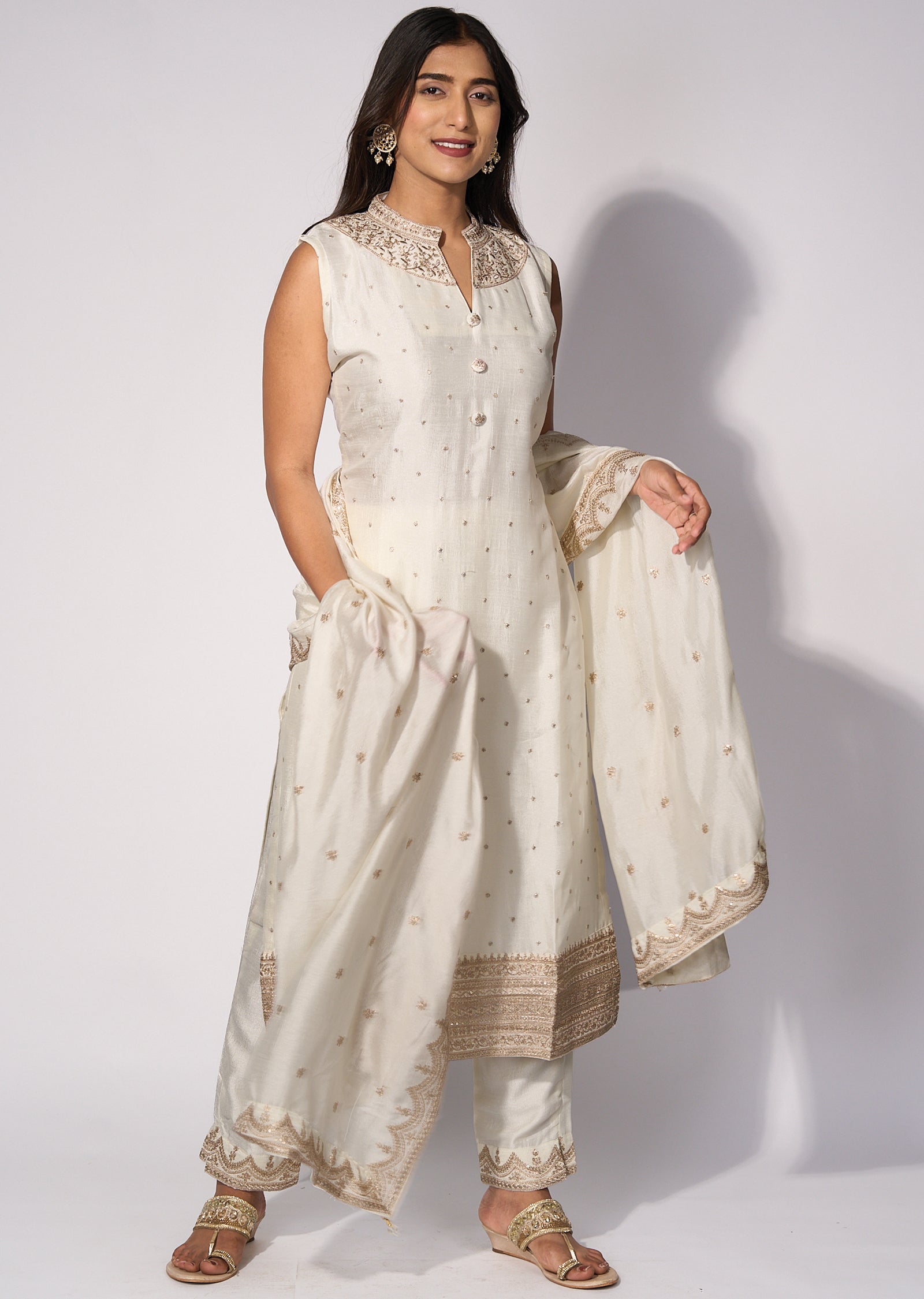 White Silk Straight cut kurti Set