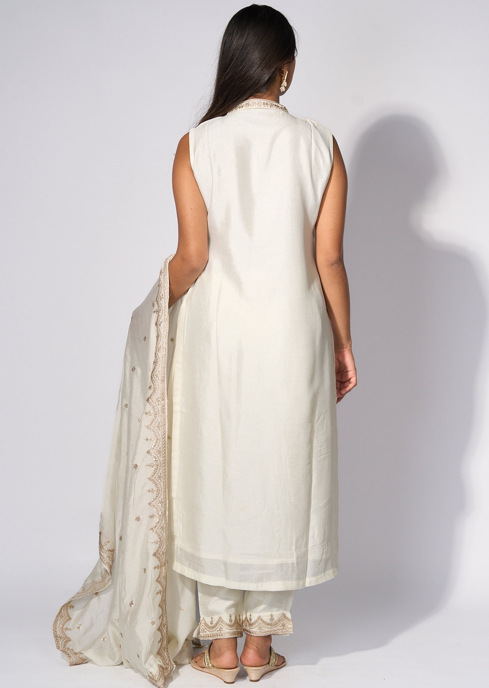 White Silk Straight cut kurti Set