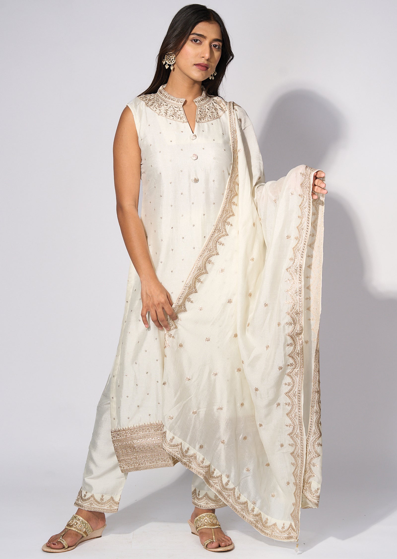 White Silk Straight cut kurti Set