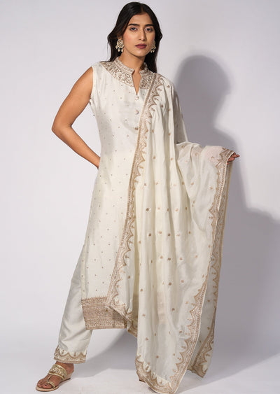 White Silk Straight cut kurti Set