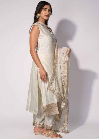 White Silk Straight cut kurti Set