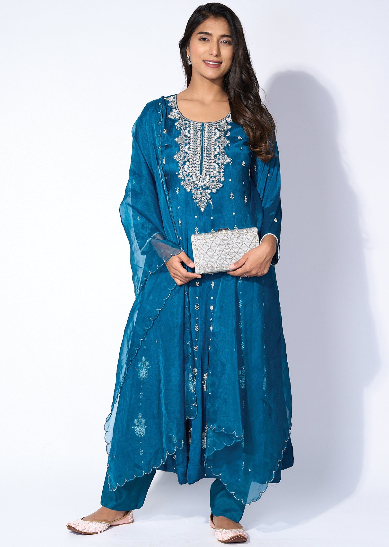 Teal blue chinnon Anarkali