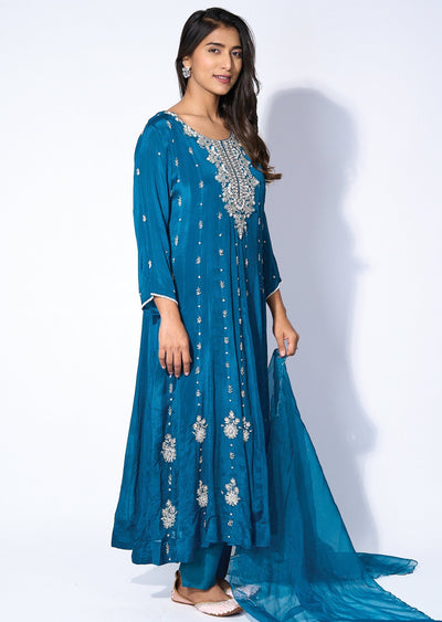 Teal blue chinnon Anarkali