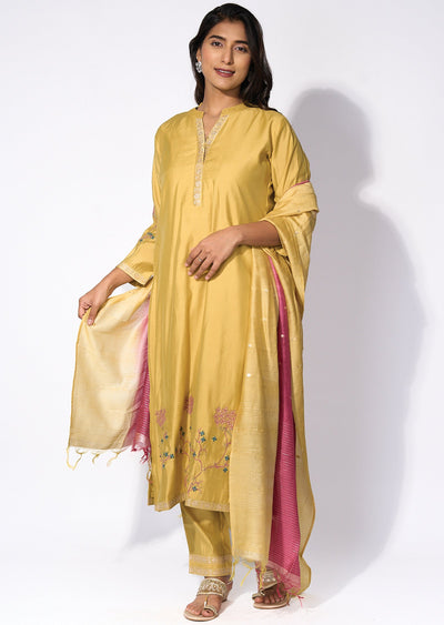 Yellow silk Straight cut kurti Set