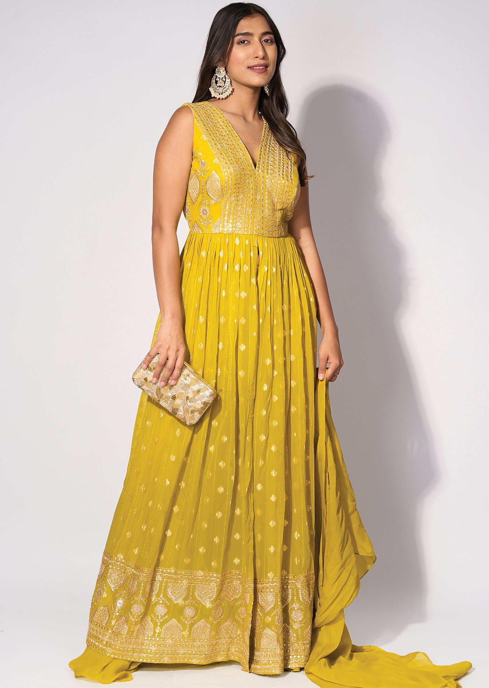 Green Georgette Front slit Anarkali