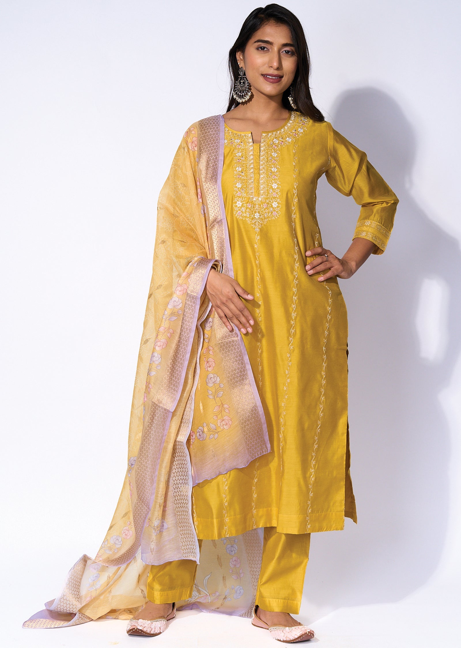 Yellow Silk Straight cut kurti Set