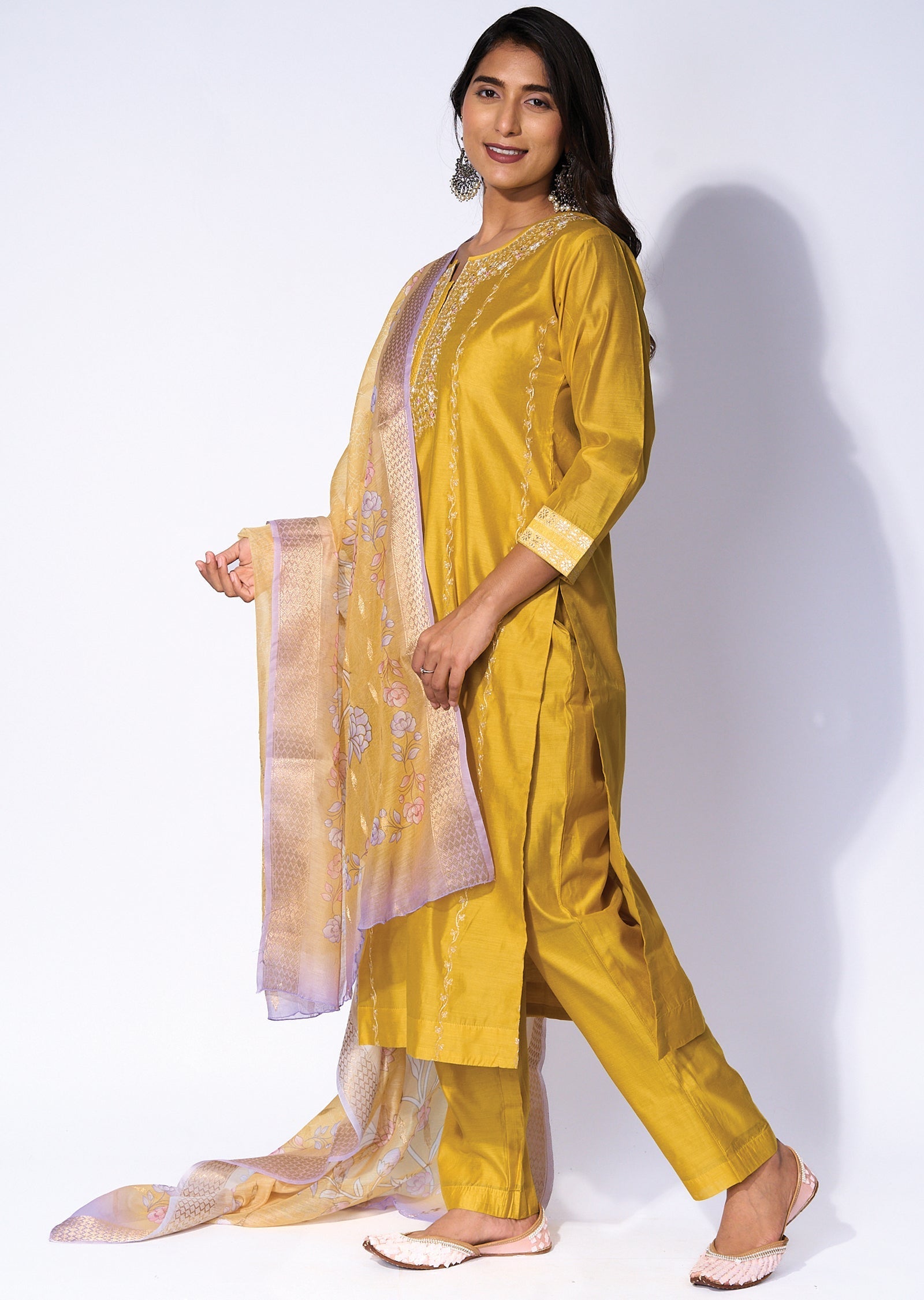 Yellow Silk Straight cut kurti Set