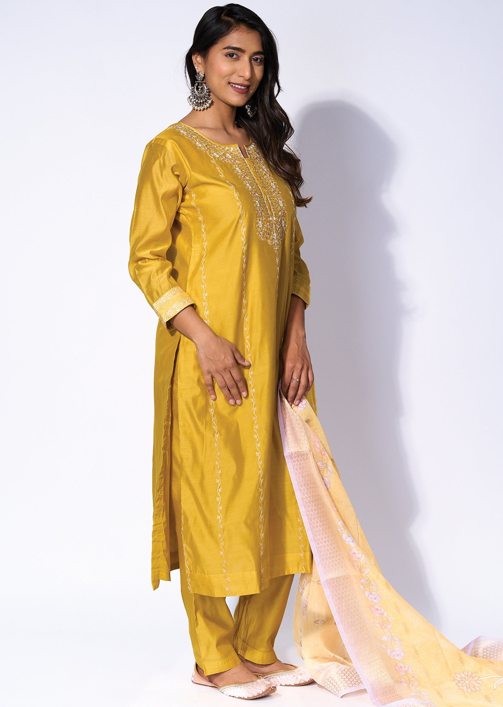 Yellow Silk Straight cut kurti Set