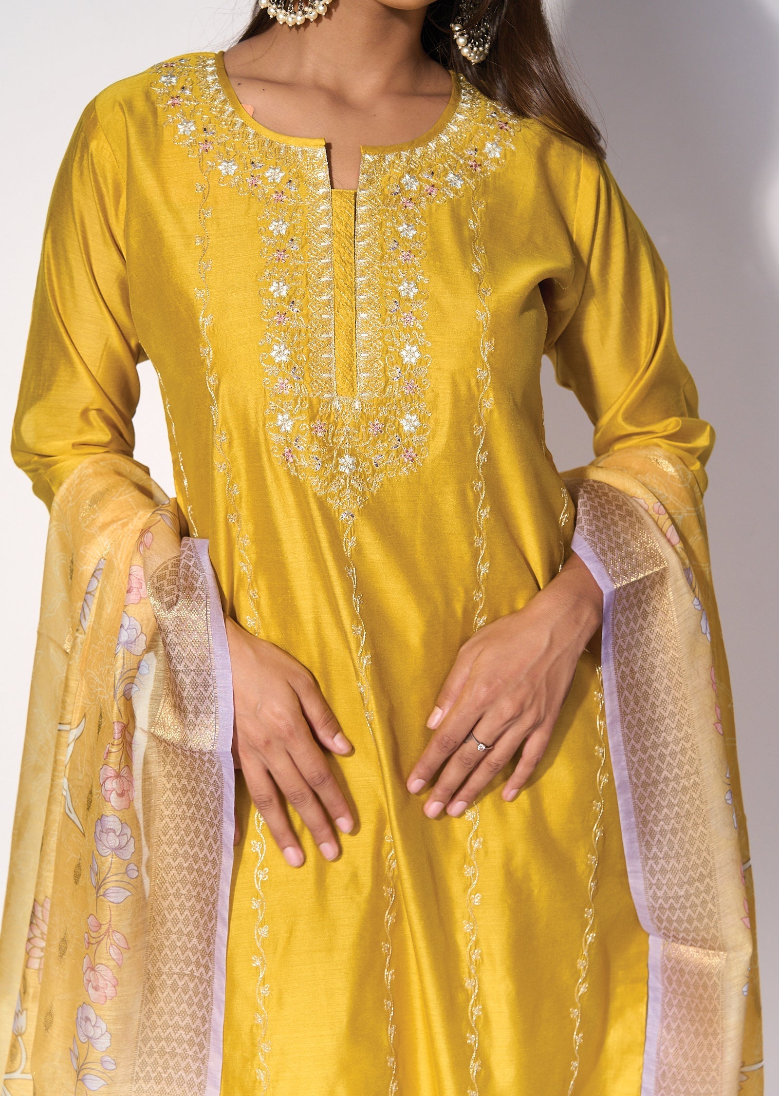 Yellow Silk Straight cut kurti Set