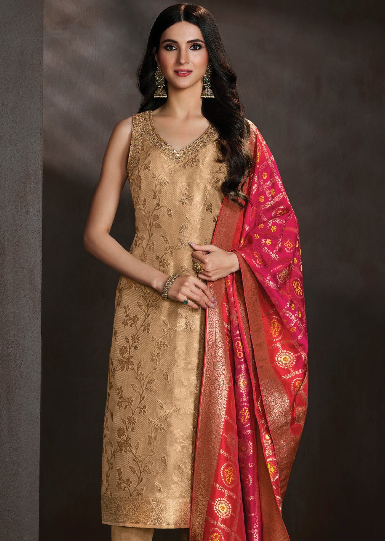 Beige Tissue Straight cut suit