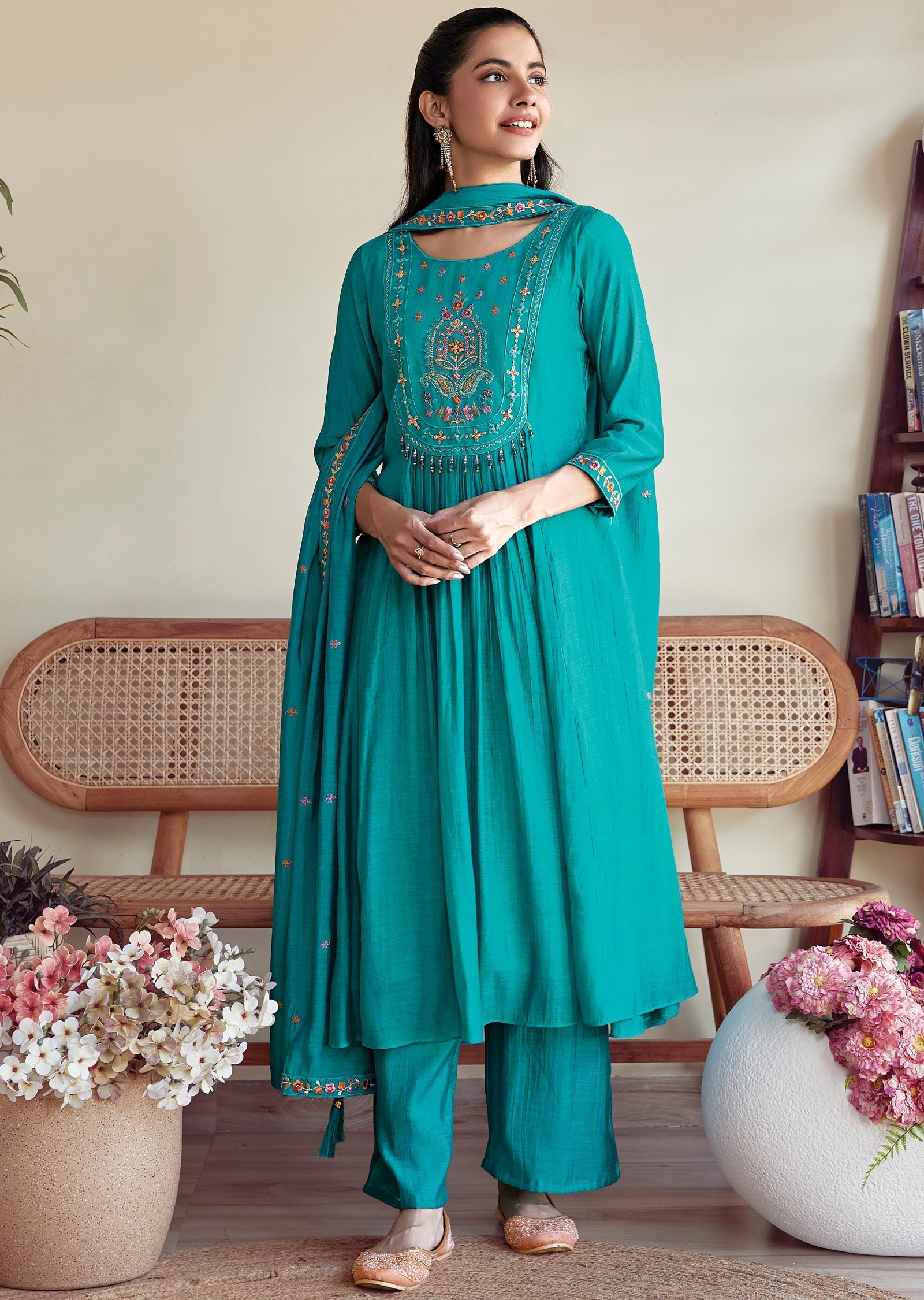 Rama blue Mulchanderi Anarkali