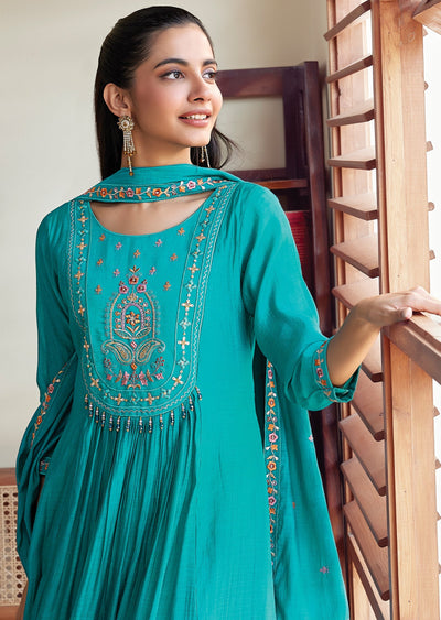 Rama blue Mulchanderi Anarkali