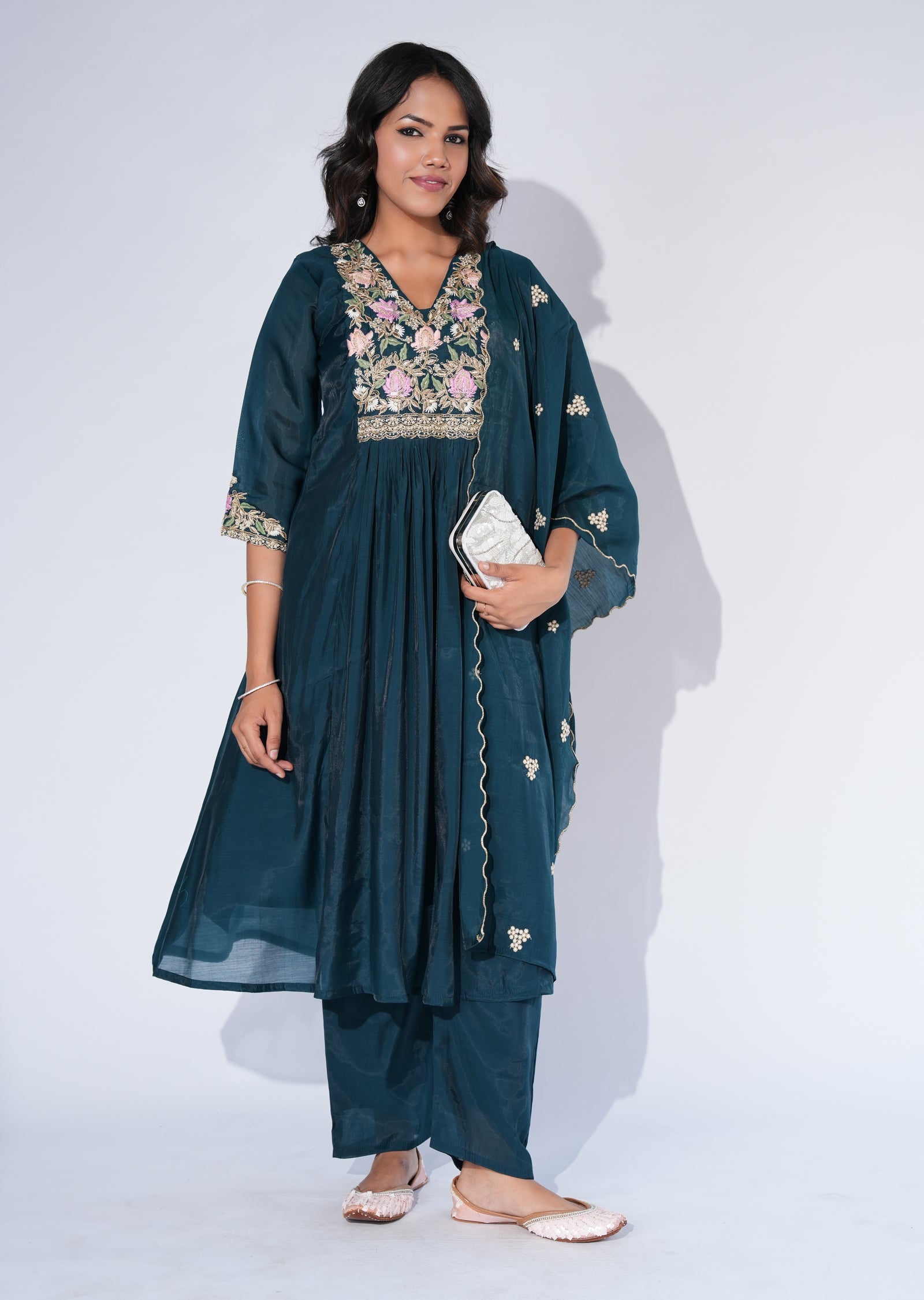 Green Mul Chanderi Anarkali Suit