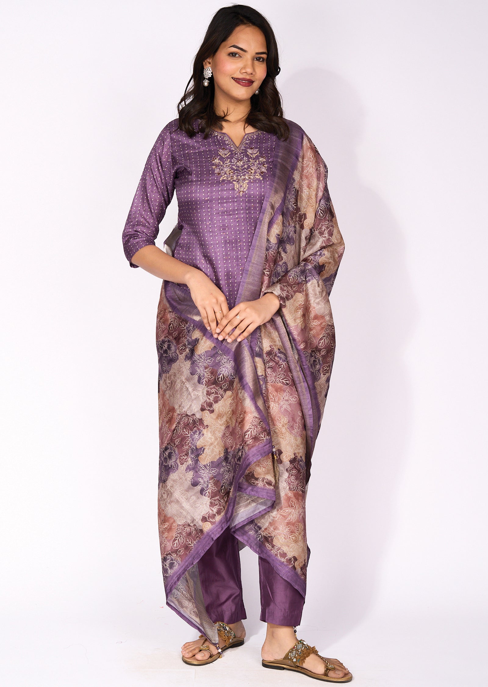 Purple Tussar straight cut suit