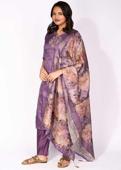 Purple Tussar straight cut suit