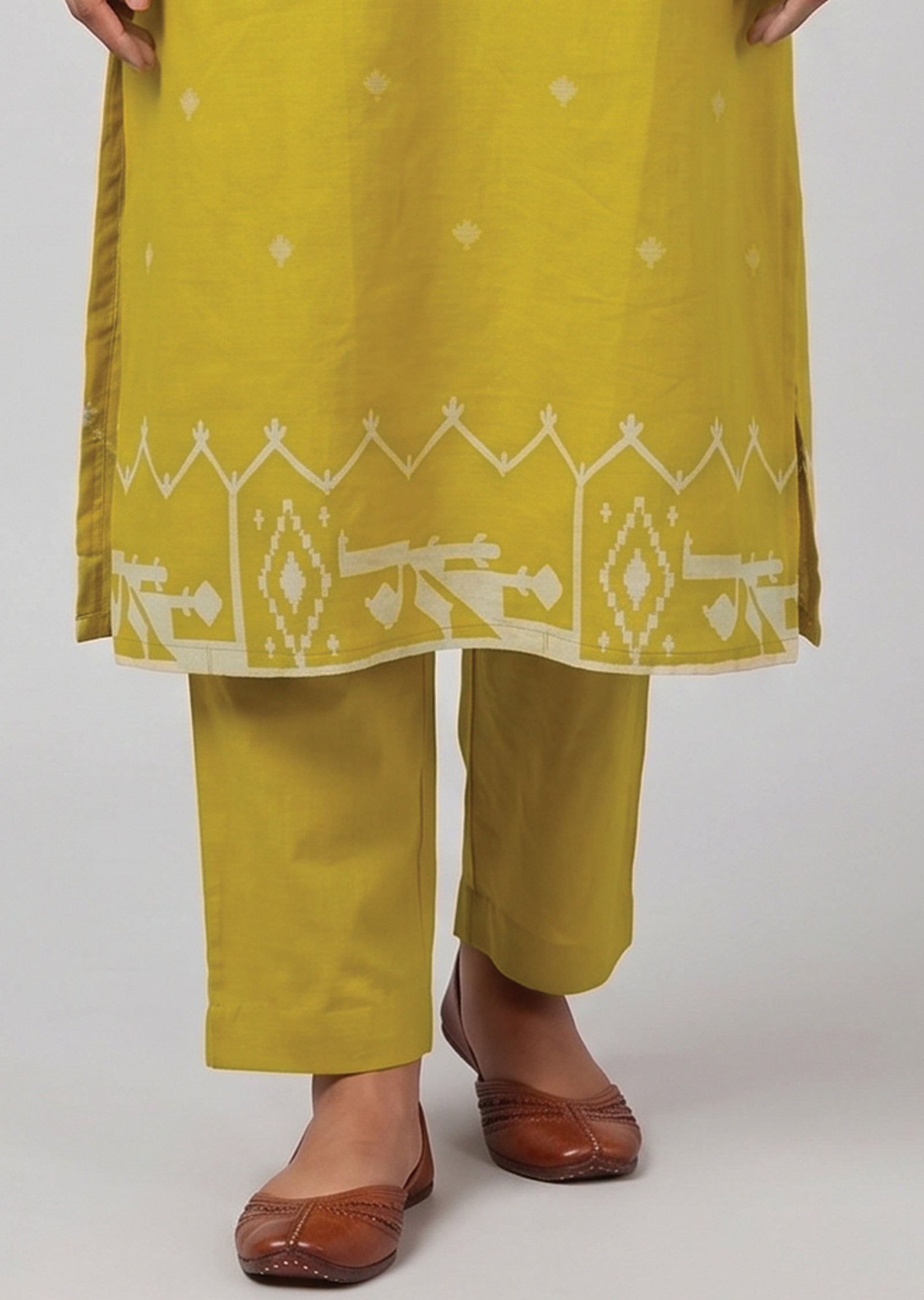 Yellow Cotton Straight cut Kurti set
