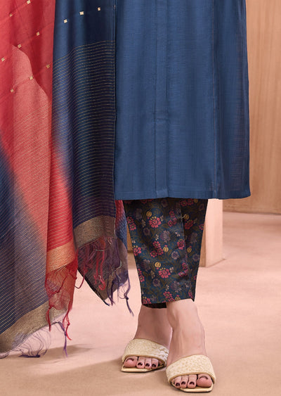 Teal Blue Silk Straight cut suit