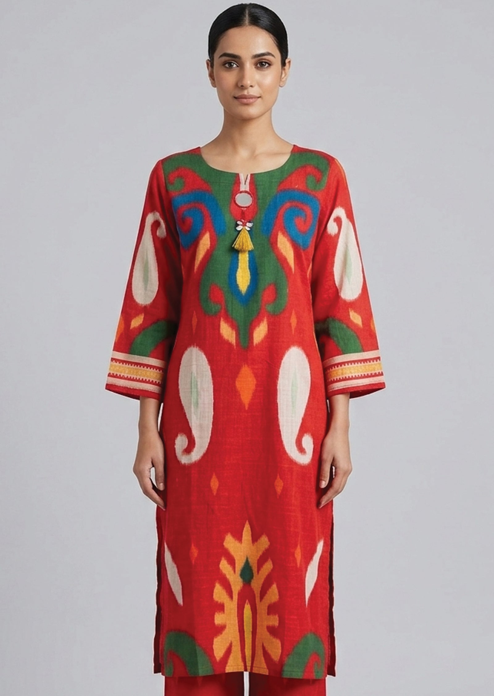 Red Cotton Straight cut Kurti set