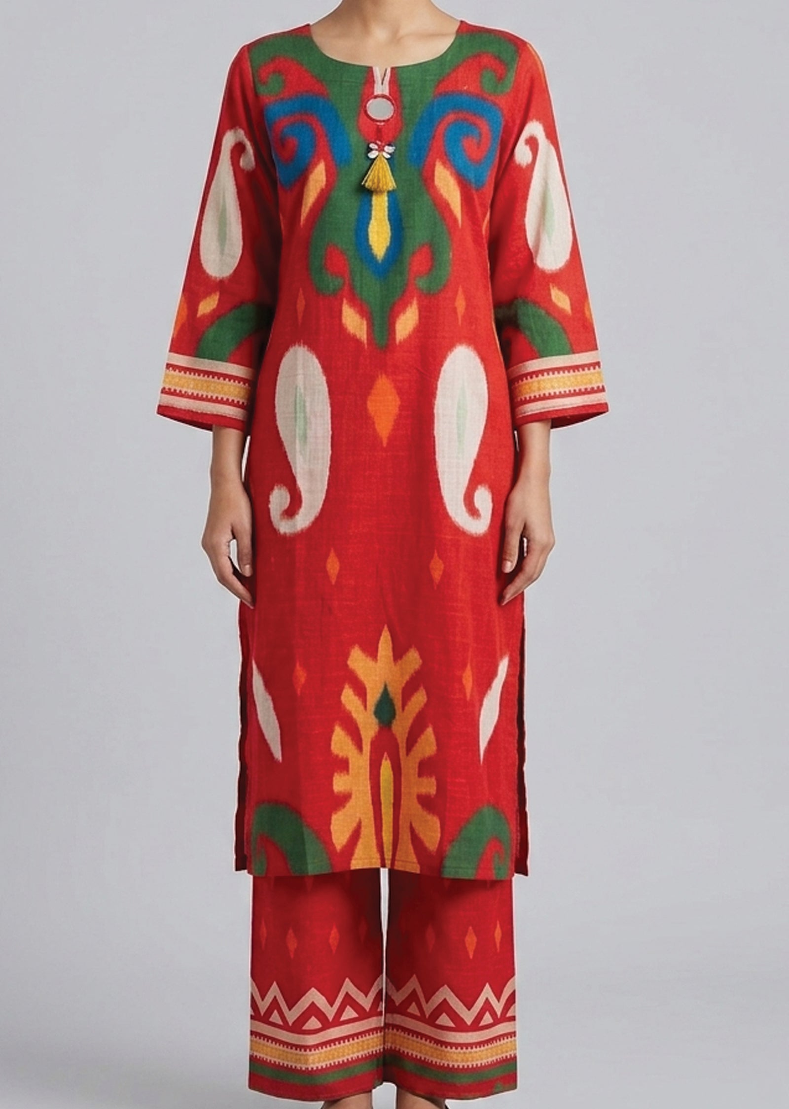 Red Cotton Straight cut Kurti set