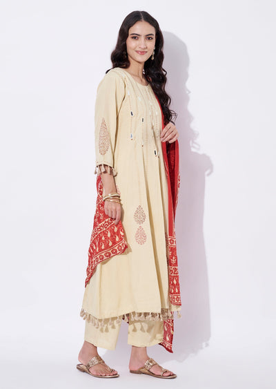 Beige Cotton Anarkali Suit