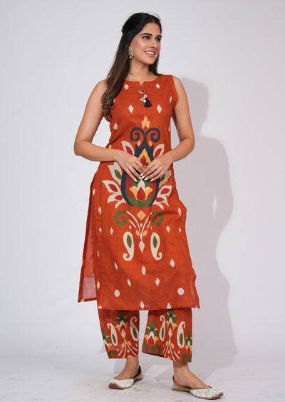 Rust Cotton Straight cut Kurti set