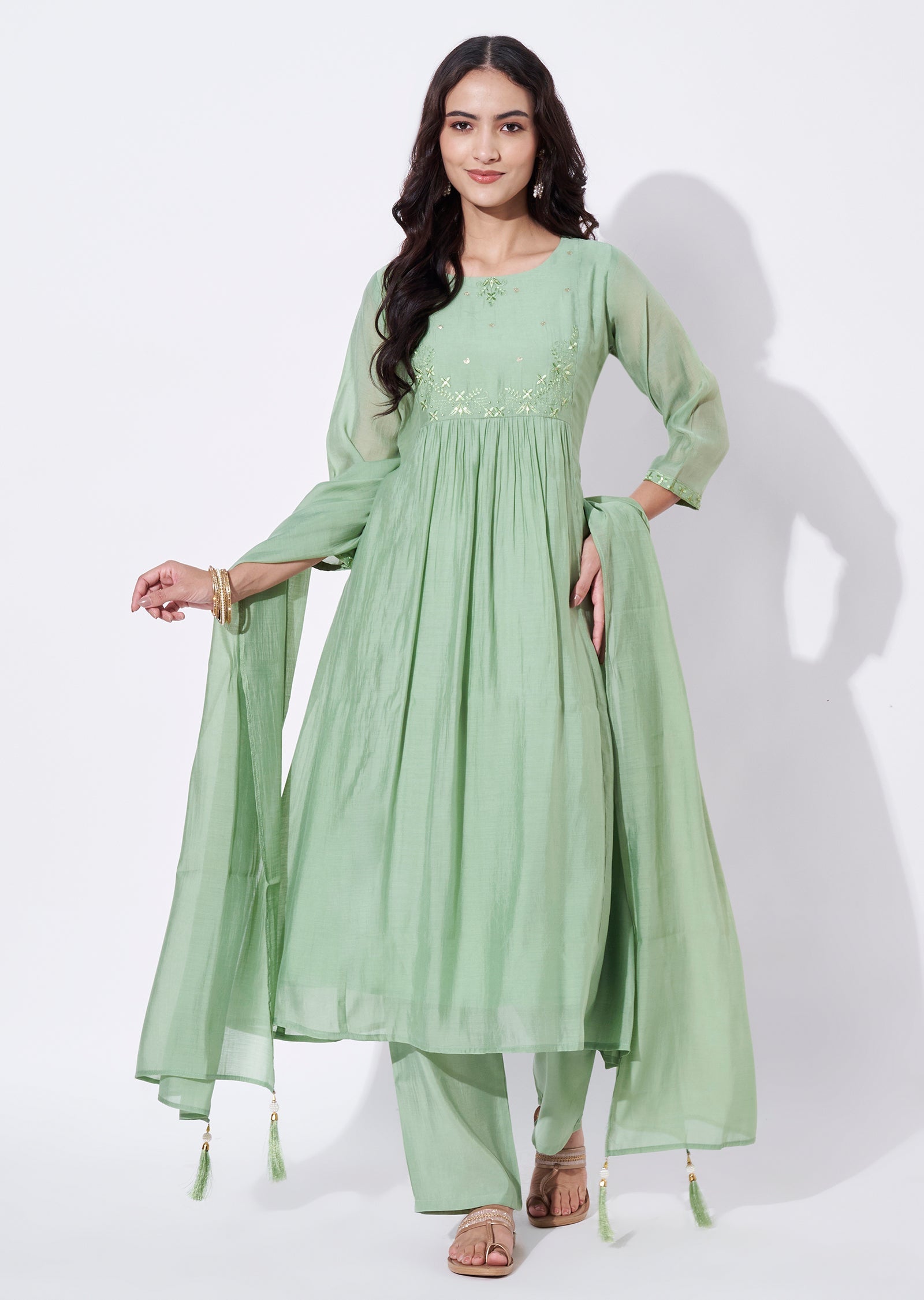 Green Mul Chanderi Anarkali Suit