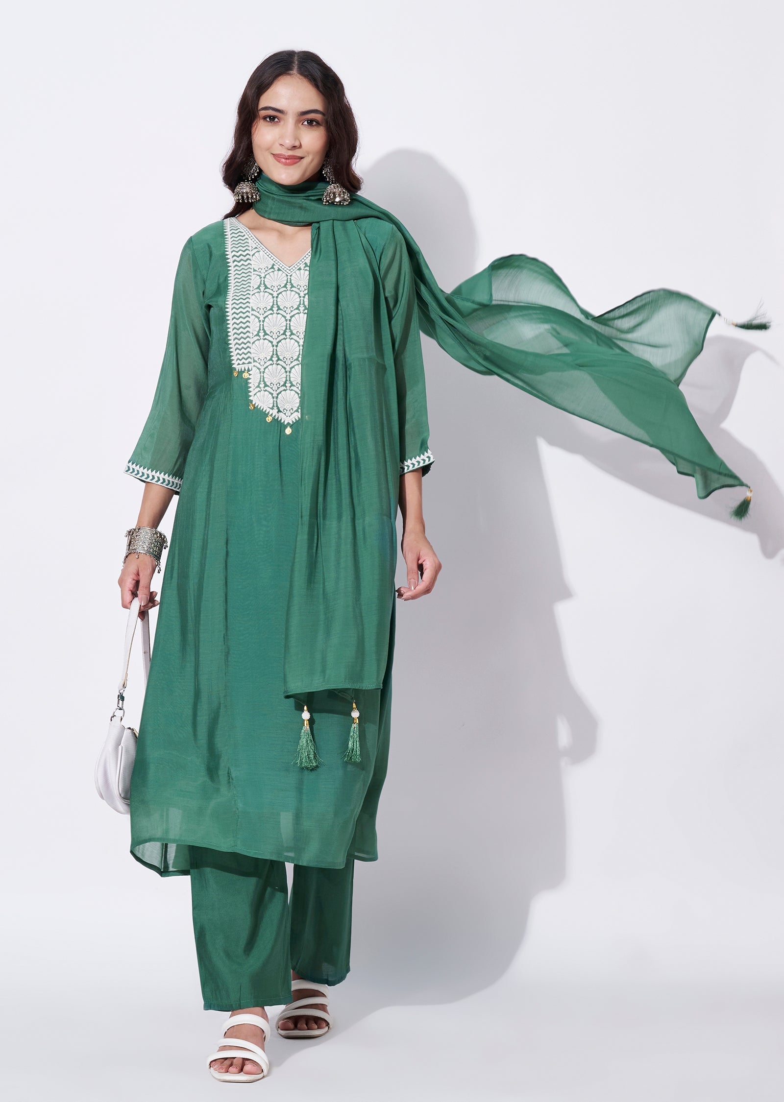 Green Mul Chanderi Anarkali Suit
