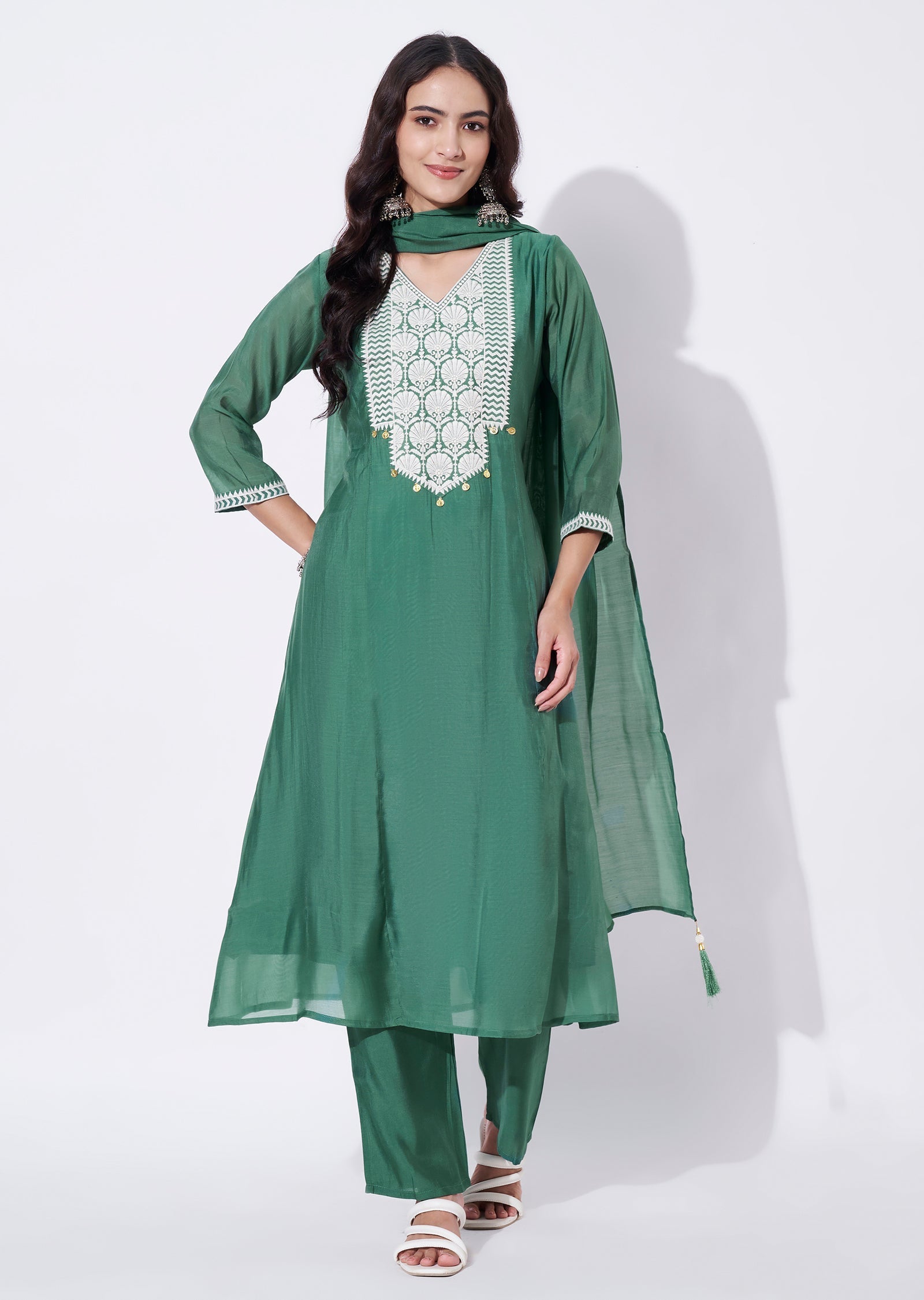 Green Mul Chanderi Anarkali Suit