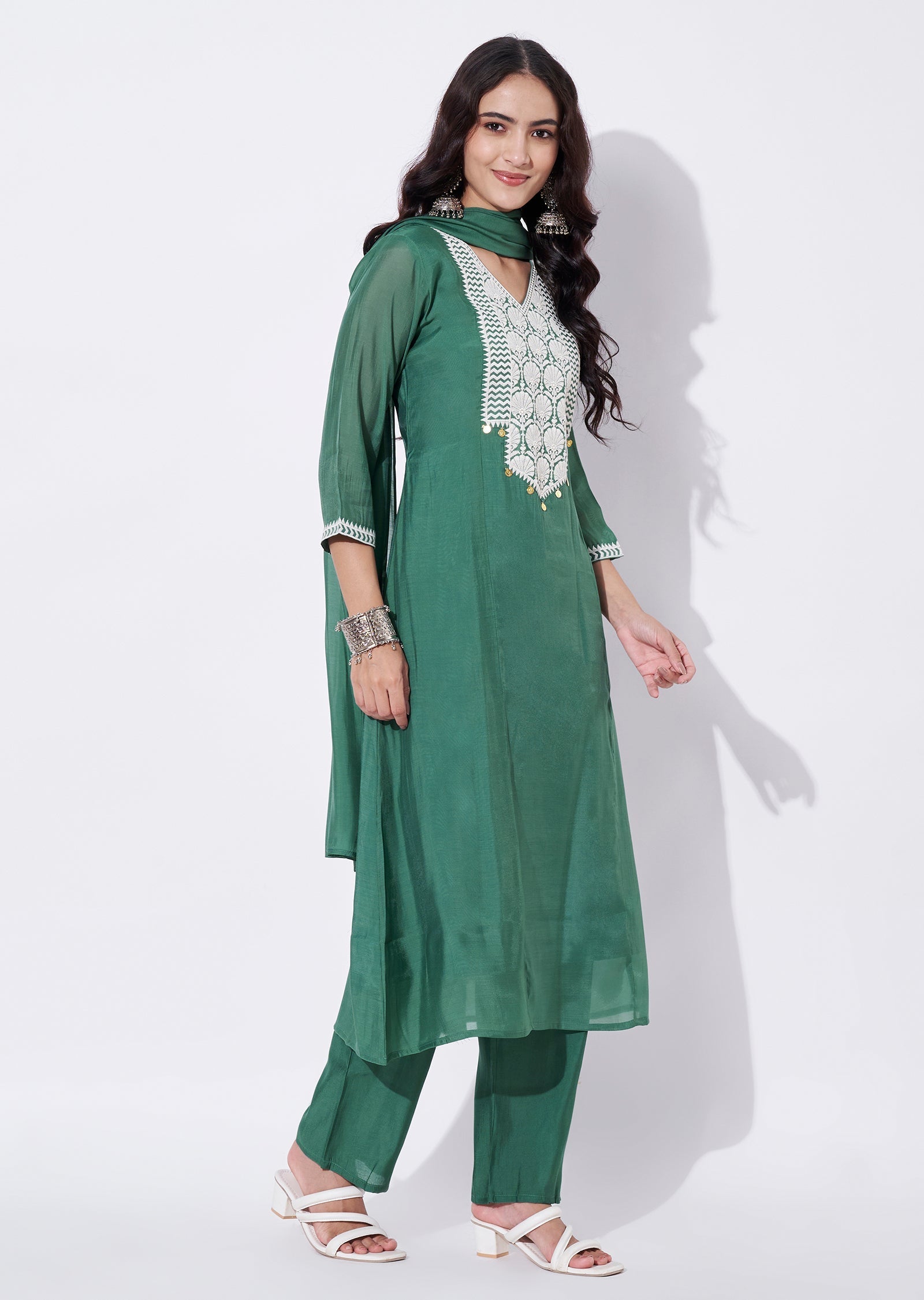 Green Mul Chanderi Anarkali Suit