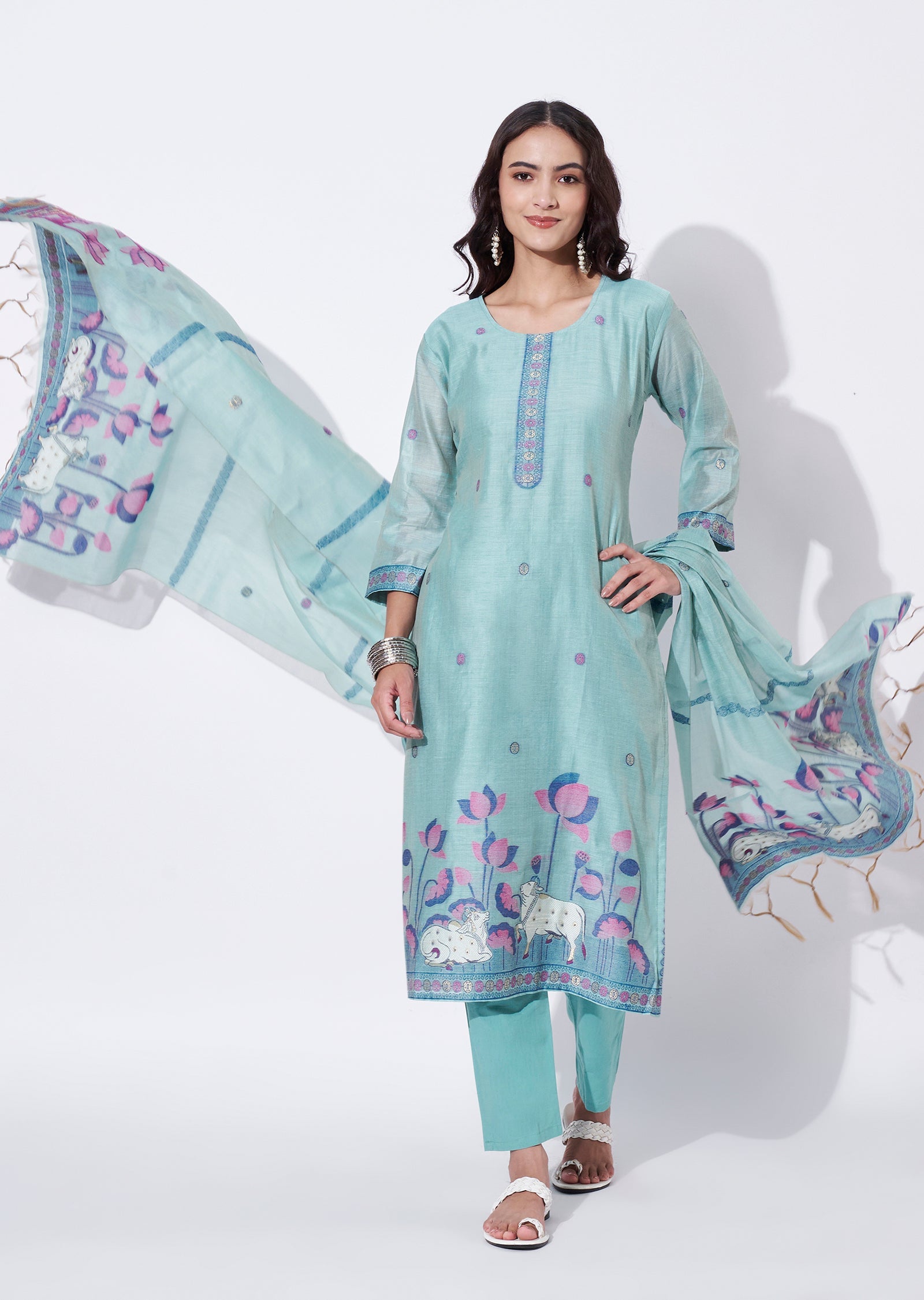 Green Chanderi Straight cut suit