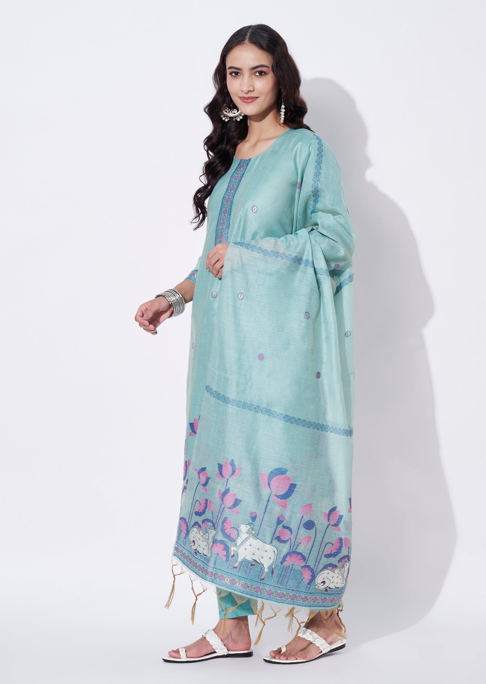 Green Chanderi Straight cut suit