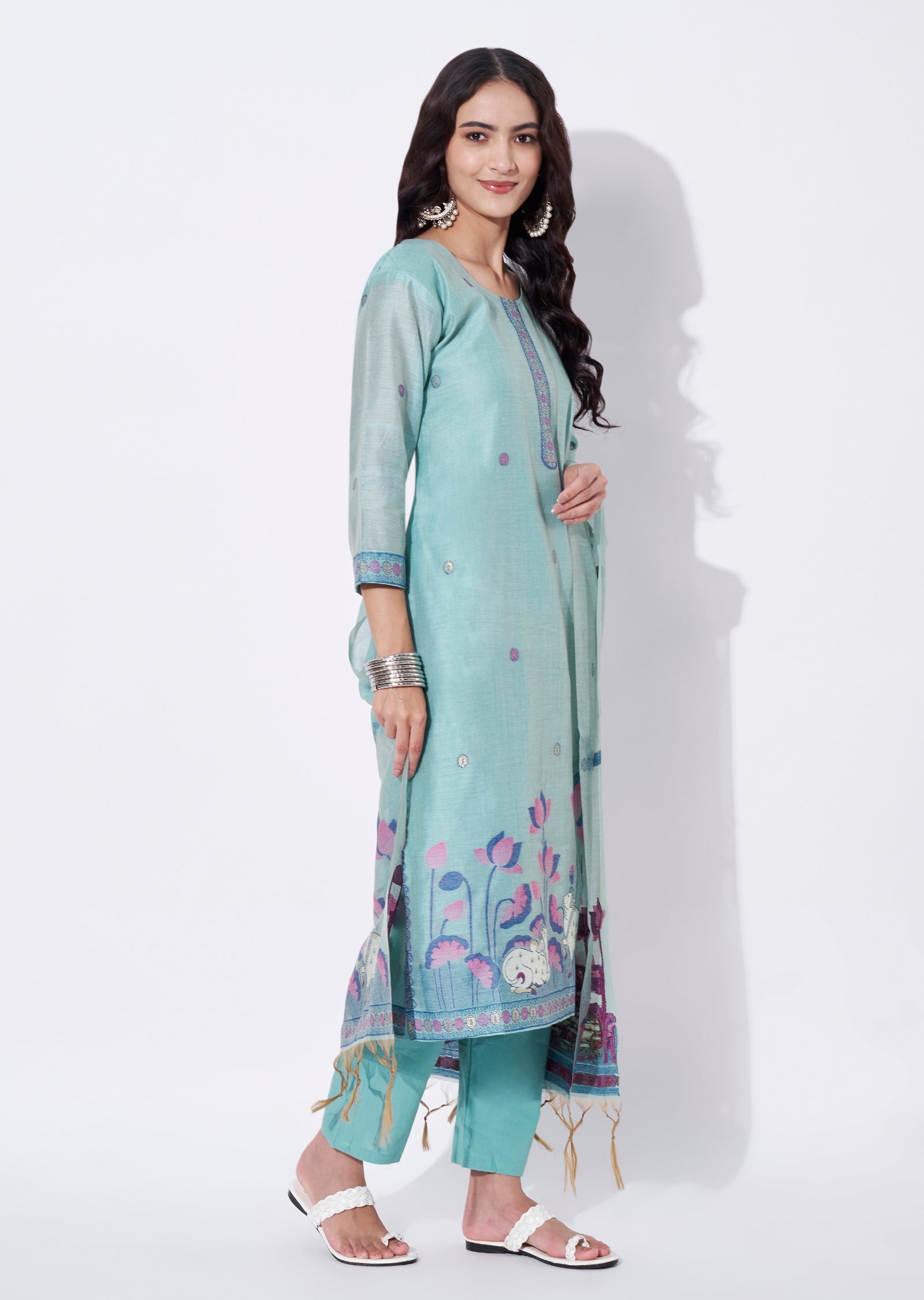 Green Chanderi Straight cut suit