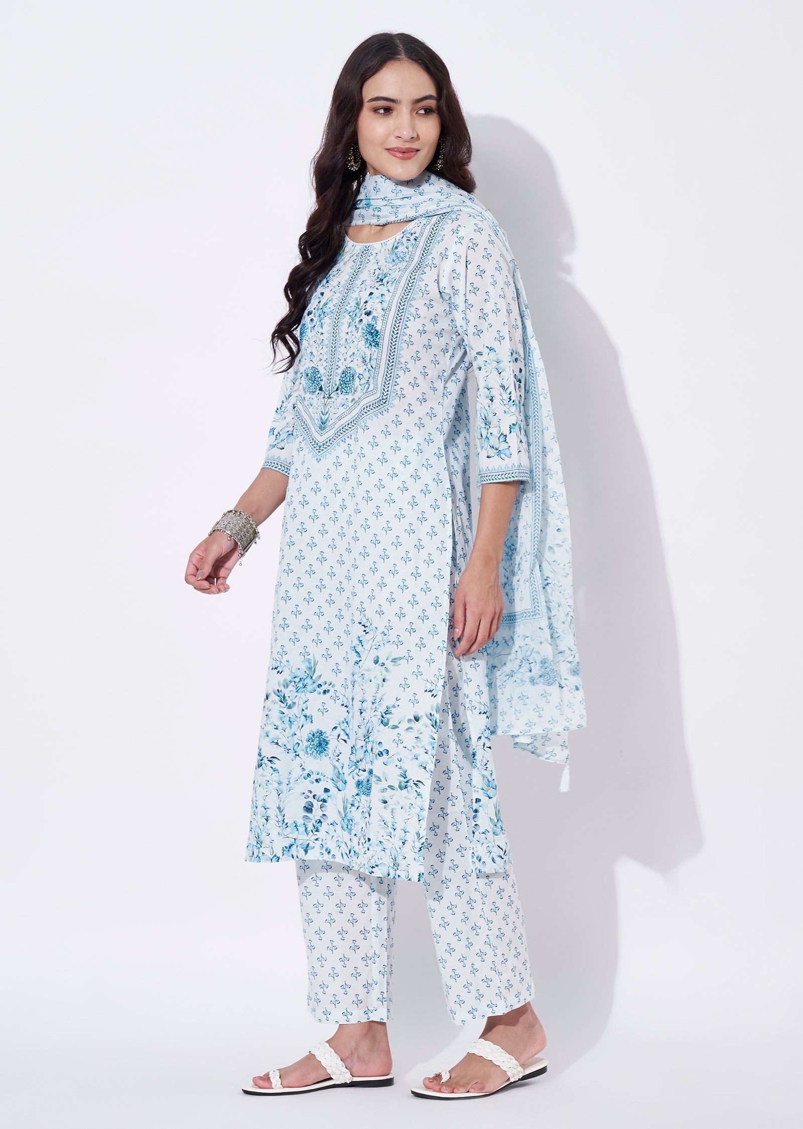 Blue Cotton Straight cut Suit