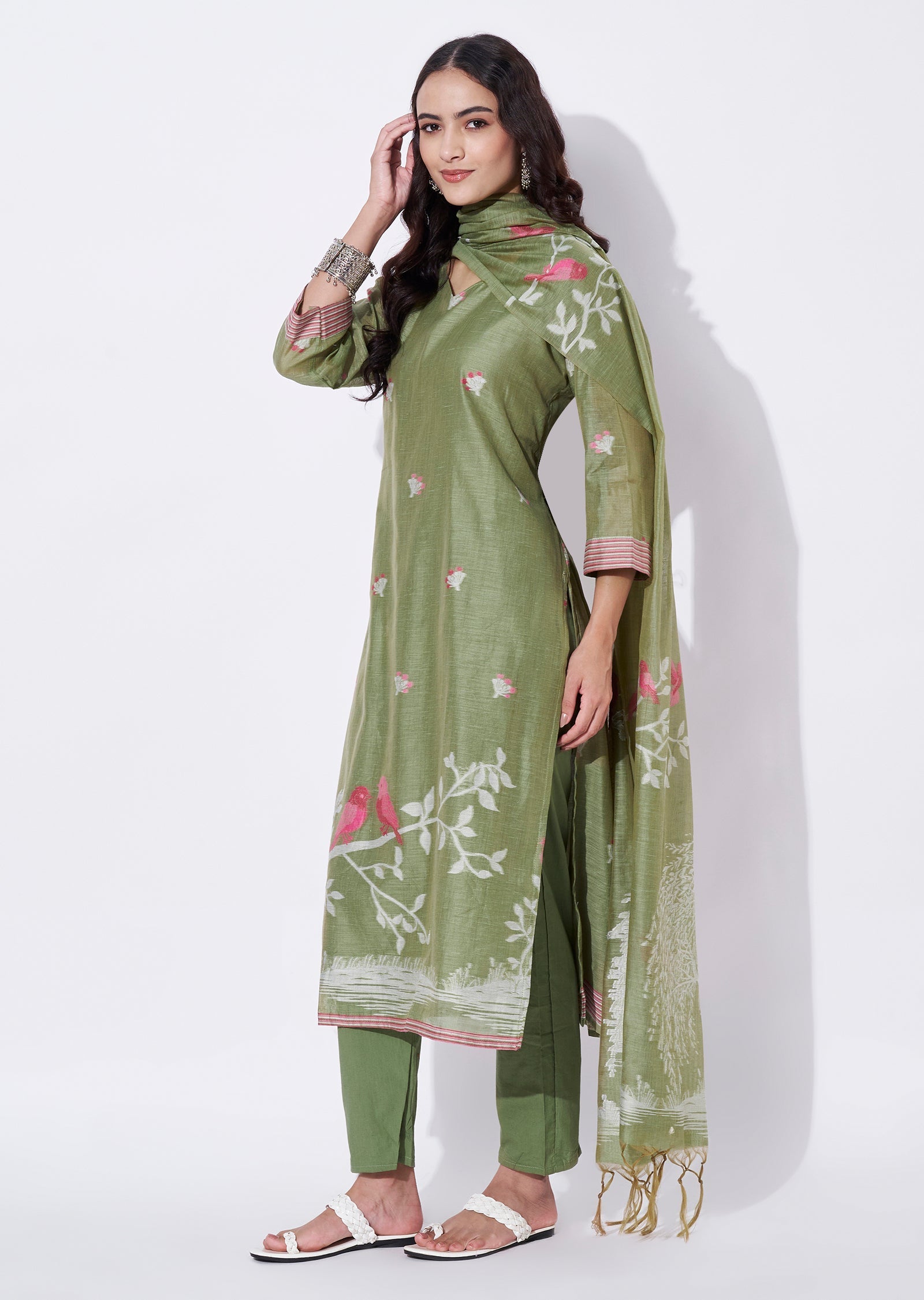 Mehndi Green Chanderi Straight cut suit