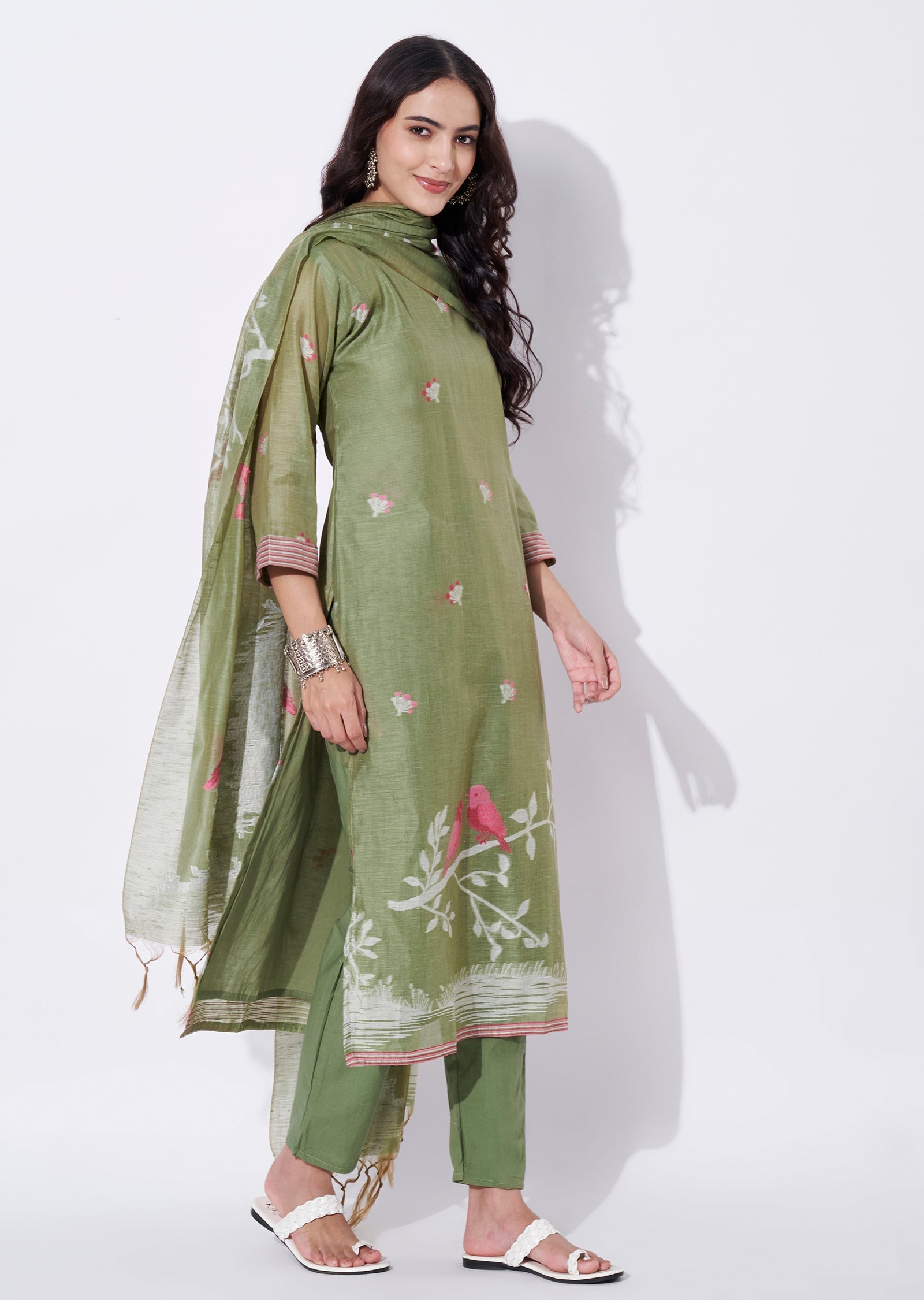 Mehndi Green Chanderi Straight cut suit