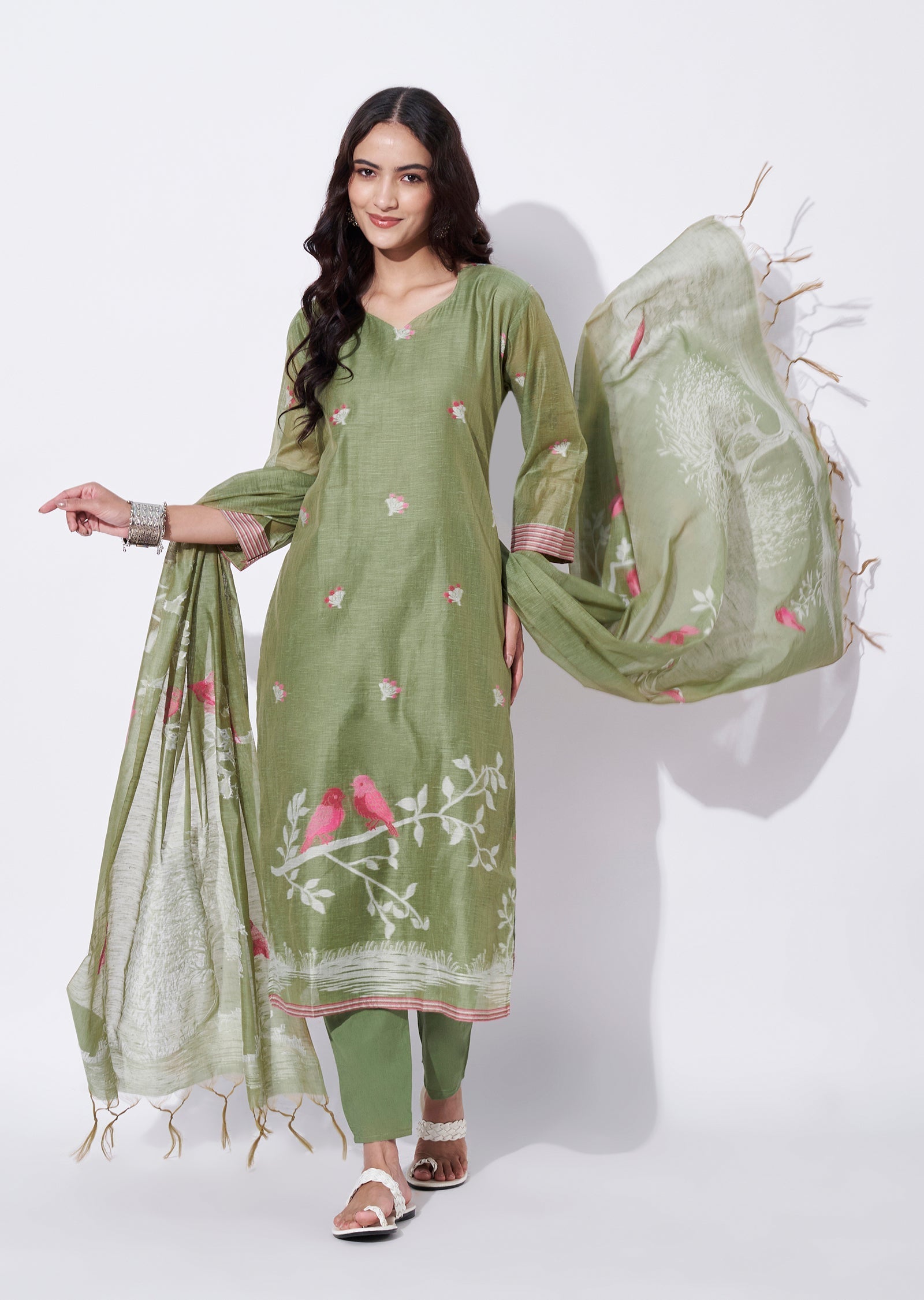 Mehndi Green Chanderi Straight cut suit