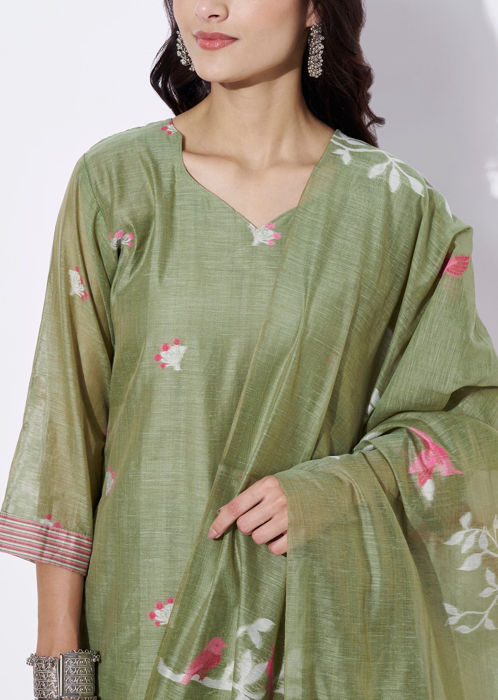 Mehndi Green Chanderi Straight cut suit