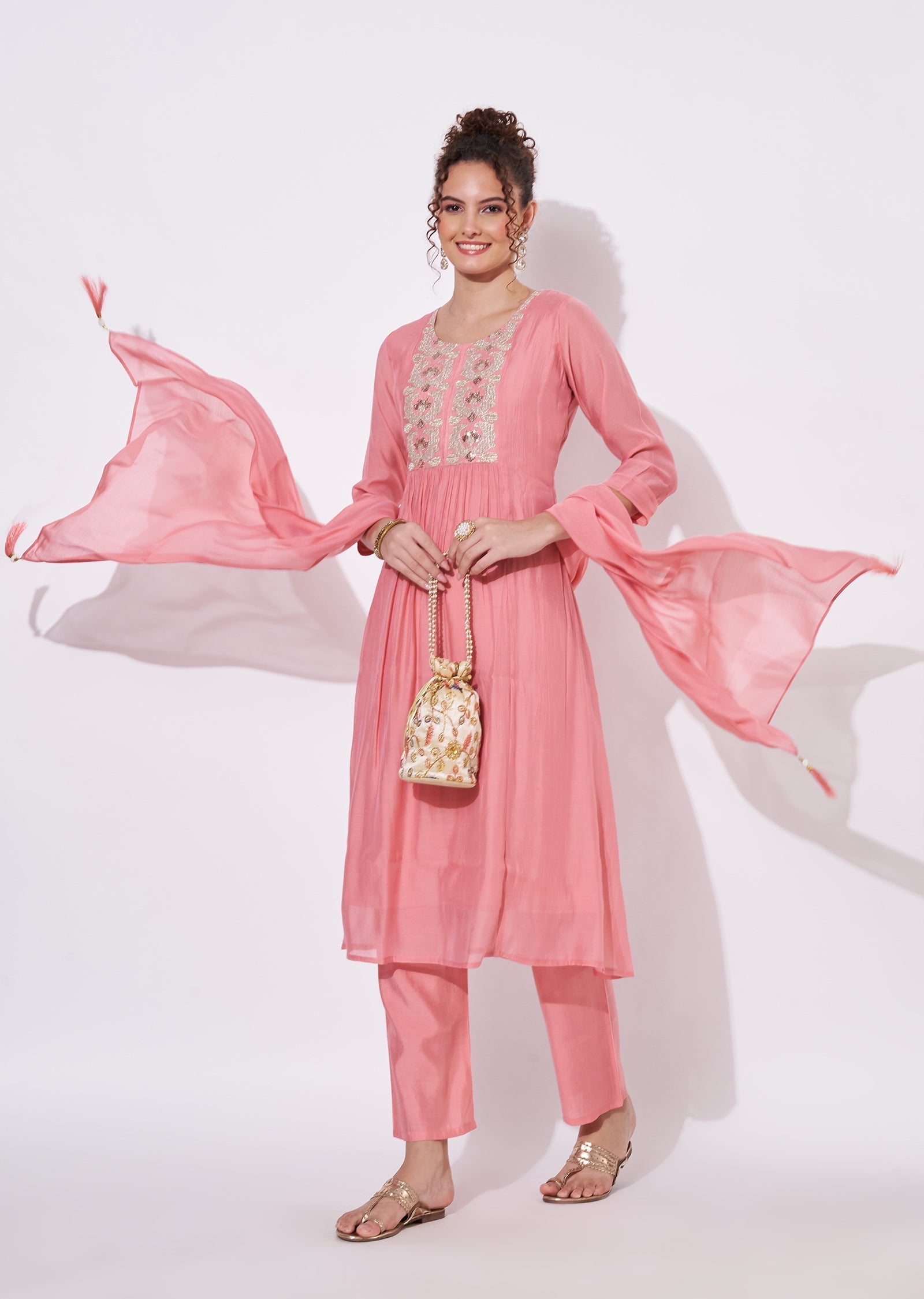 Peach Mul Chanderi Anarkali Suit
