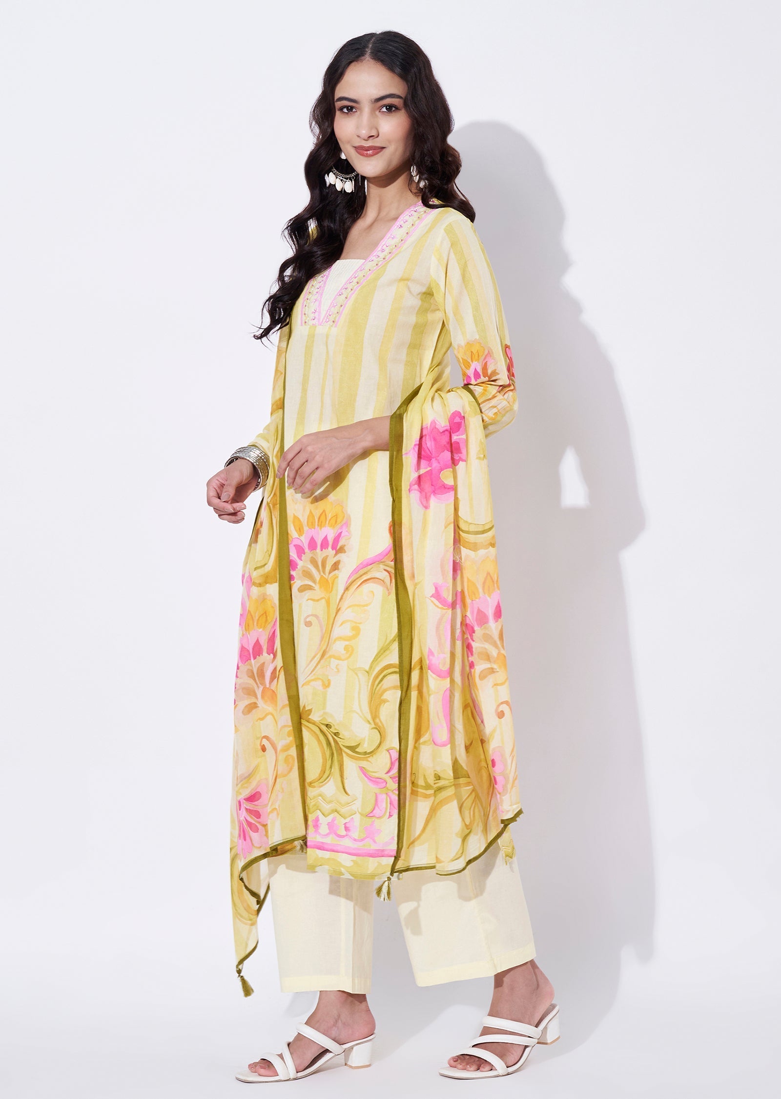Yellow Cotton straight cut Suit