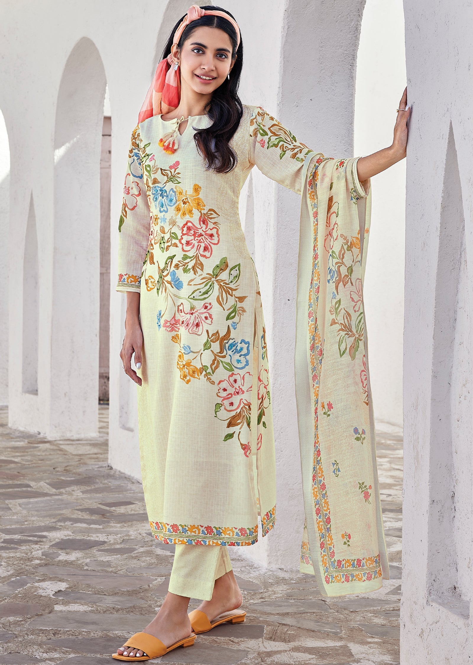 Cream Cotton Straight cut Suit