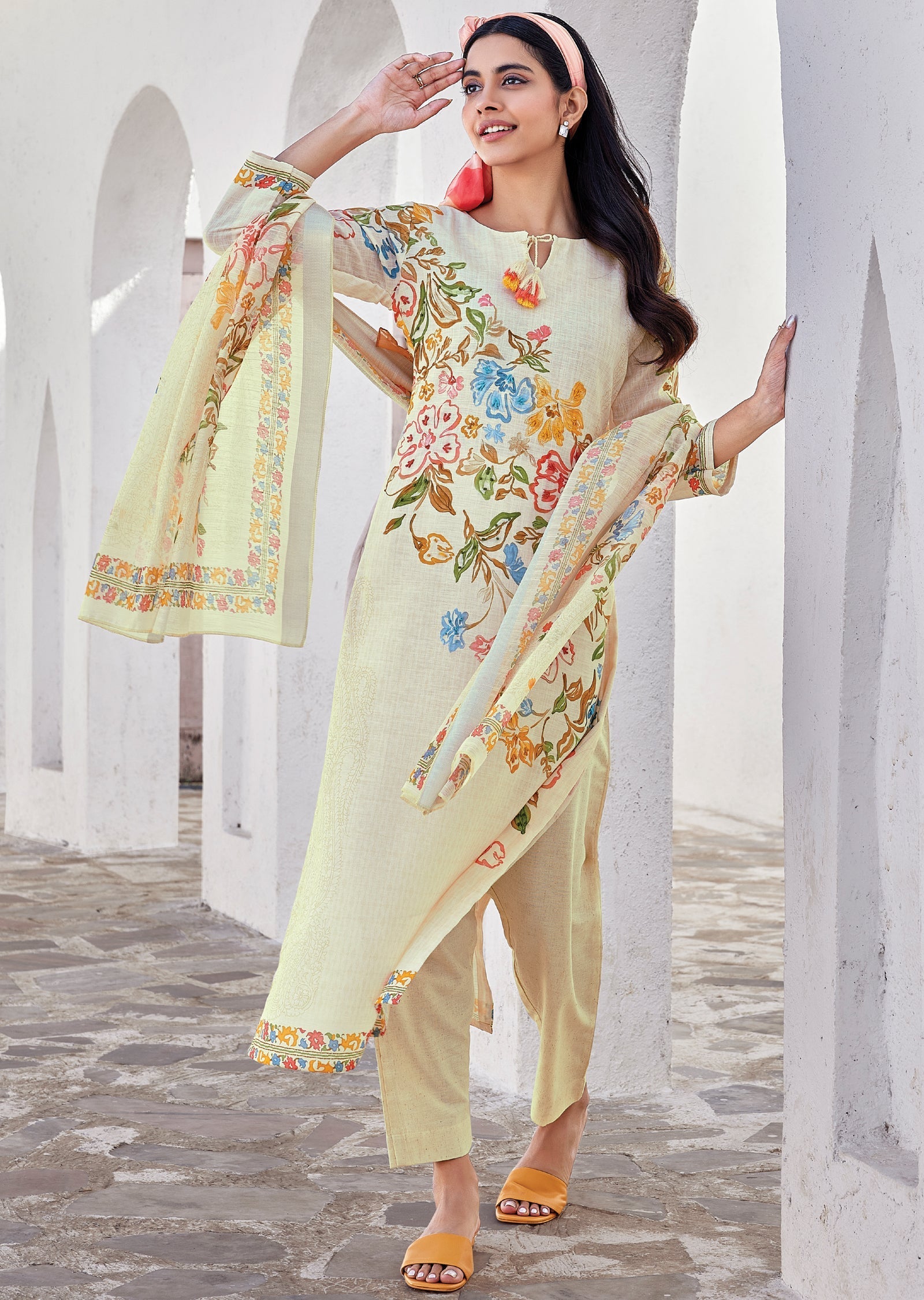 Cream Cotton Straight cut Suit