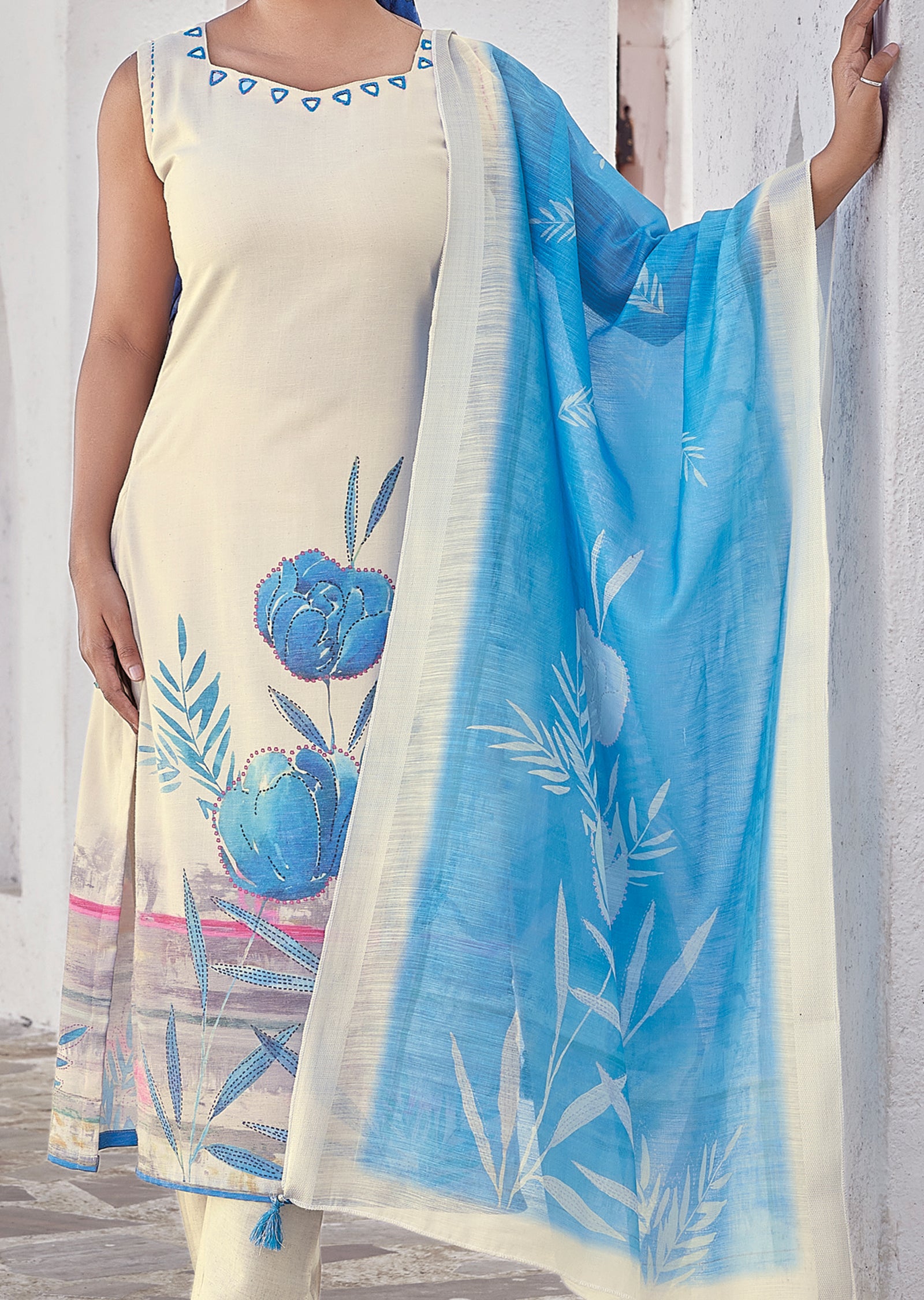 Cream Linen Cotton Straight cut suit