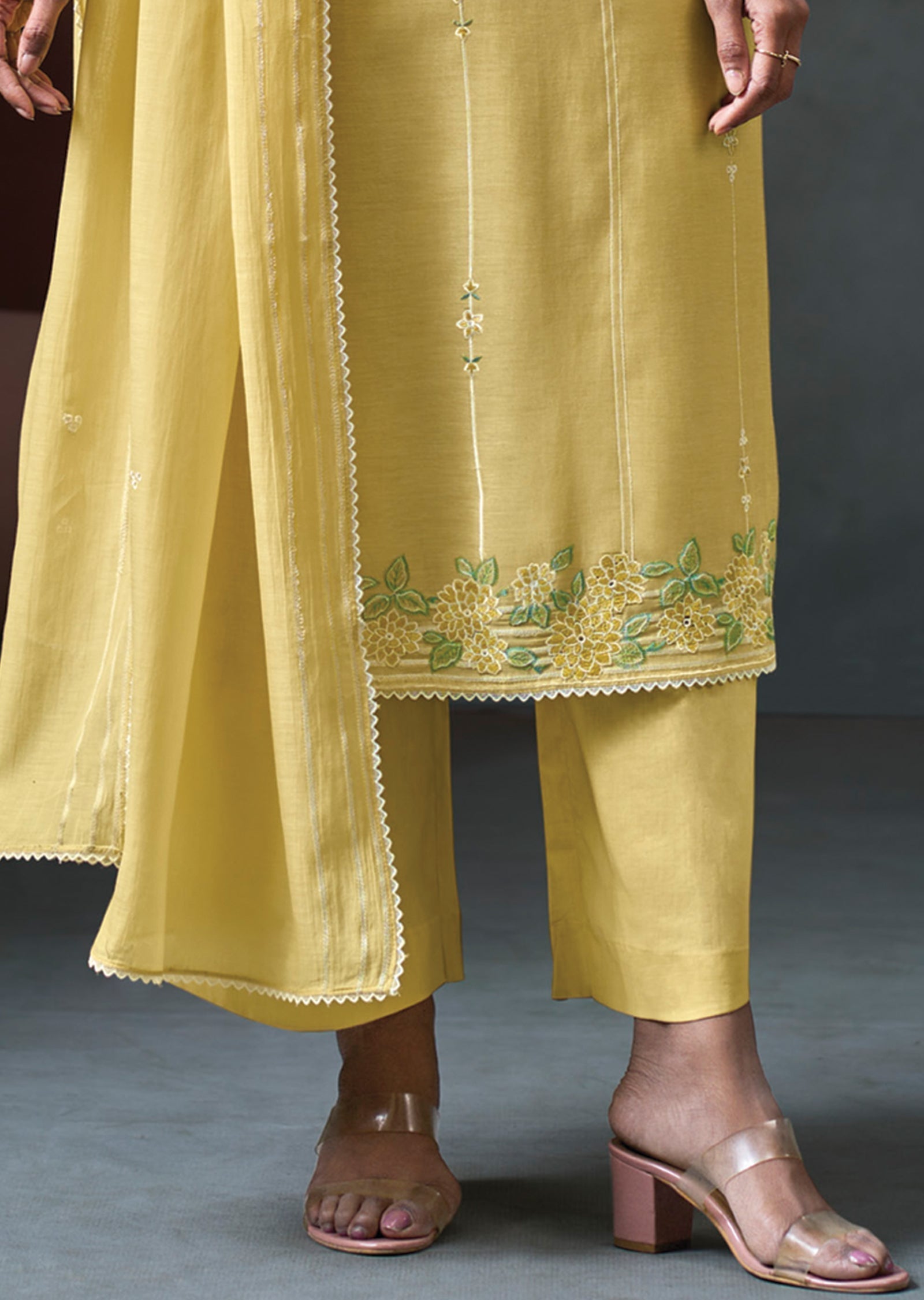 Yellow Mul Chanderi Straight cut Suit