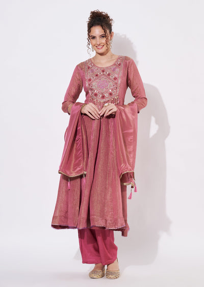 Dark Pink Tissue Anarkali Suit