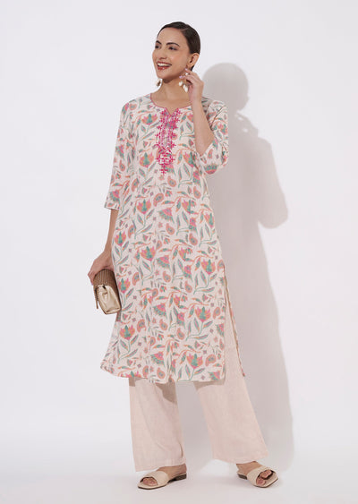 Cream & Pink Cotton Kurti set