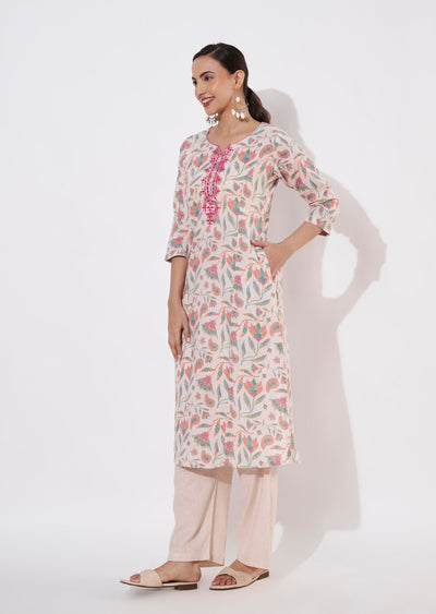Cream & Pink Cotton Kurti set