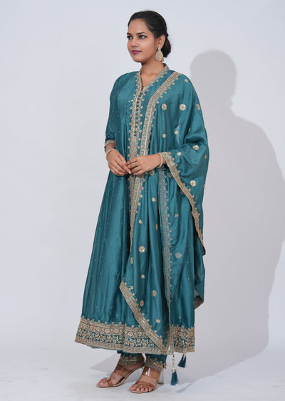 Blue silk Anarkali Suit