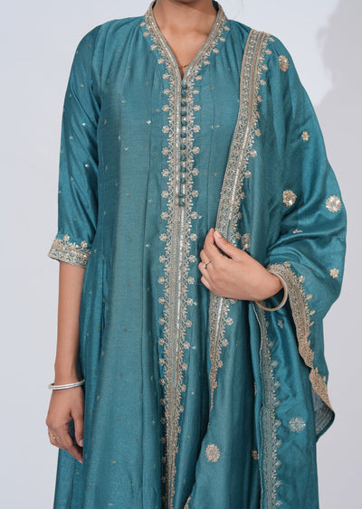 Blue silk Anarkali Suit
