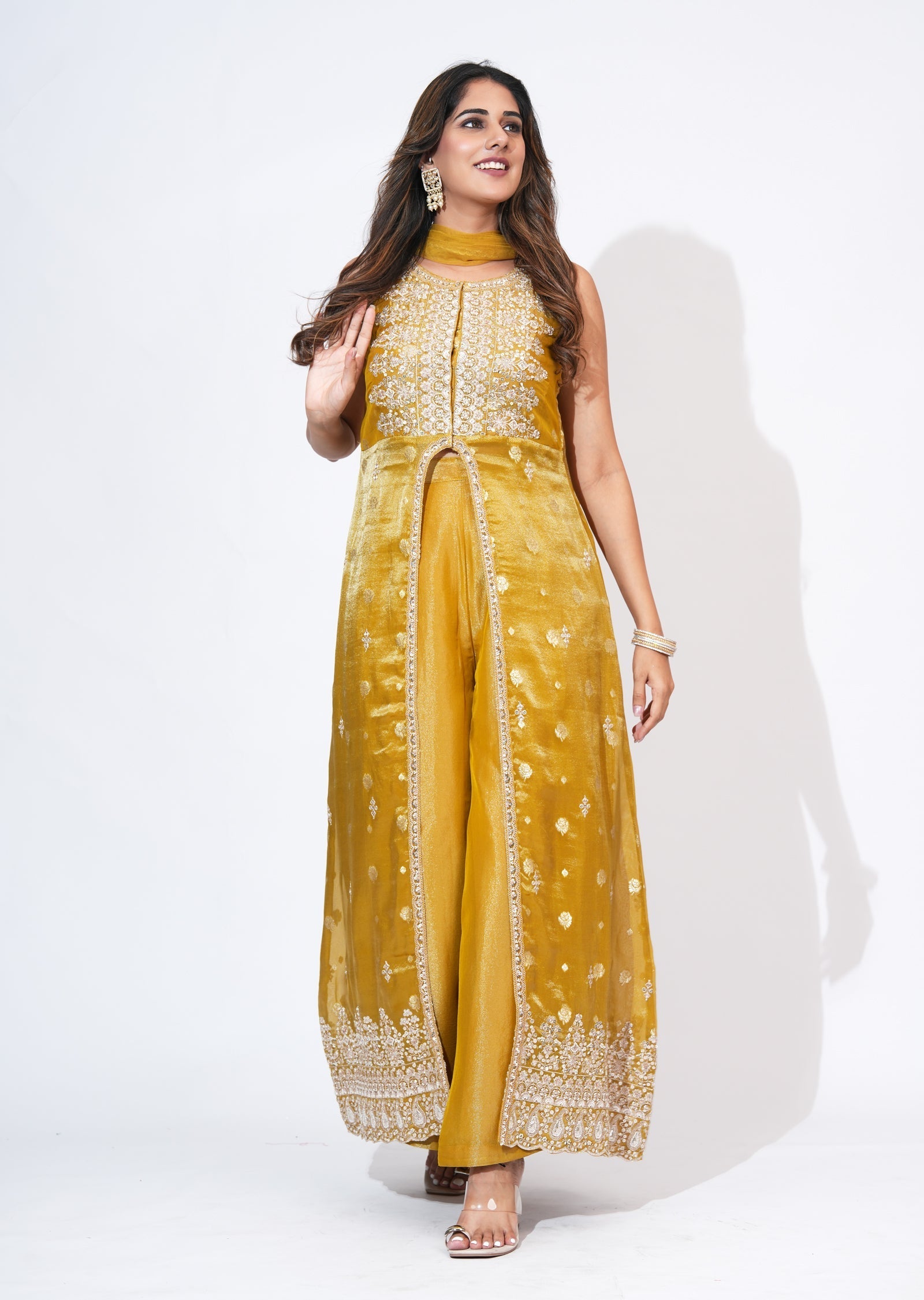 Mustard Tissue Anarkali suit